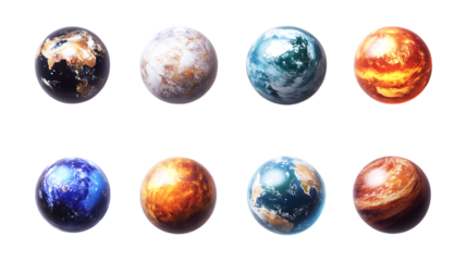 Eight unique abstract planetary spheres displaying rich, textured surfaces are aligned in rows, isolated on a transparent background for educational