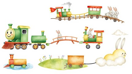 Cute Bunny Rabbits Riding Toy Trains on Tracks Watercolor Illustration