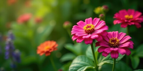 Obraz premium Zinnia flowers in a garden with lush greenery and foliage, botanical, lush