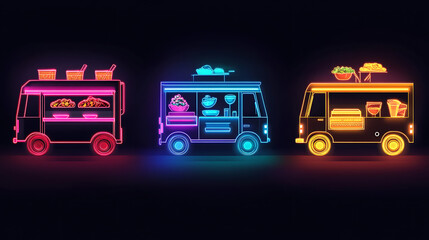 Colorful neon food trucks showcasing various cuisines against a dark backdrop, vibrant and inviting