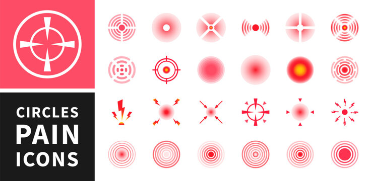 Red pain circles. Pain localization sign and pointings. Circles for marking human pain. Set of radar icons. Headache, toothache, marker of an injured body part, muscle pain in joints. Vector