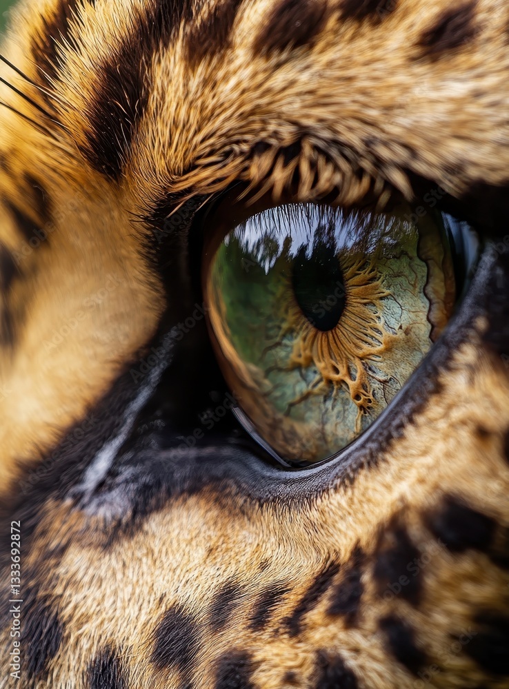Poster close-up of intricate and colorful eye of wild cat with striking patterns and textures highlighting 