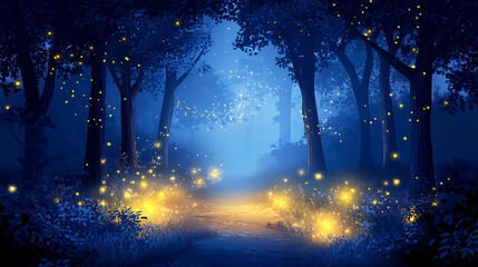 Enchanted forest at twilight with glowing fireflies illuminating a serene pathway through trees