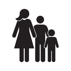 A vector illustration of a black silhouette family icon with a mother, father, and child.