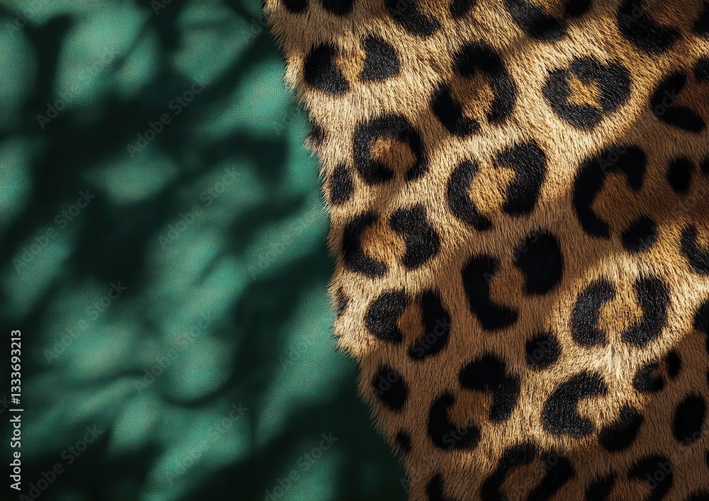 Poster close-up of leopard fur pattern with intricate spots on natural background and shadows creating dept