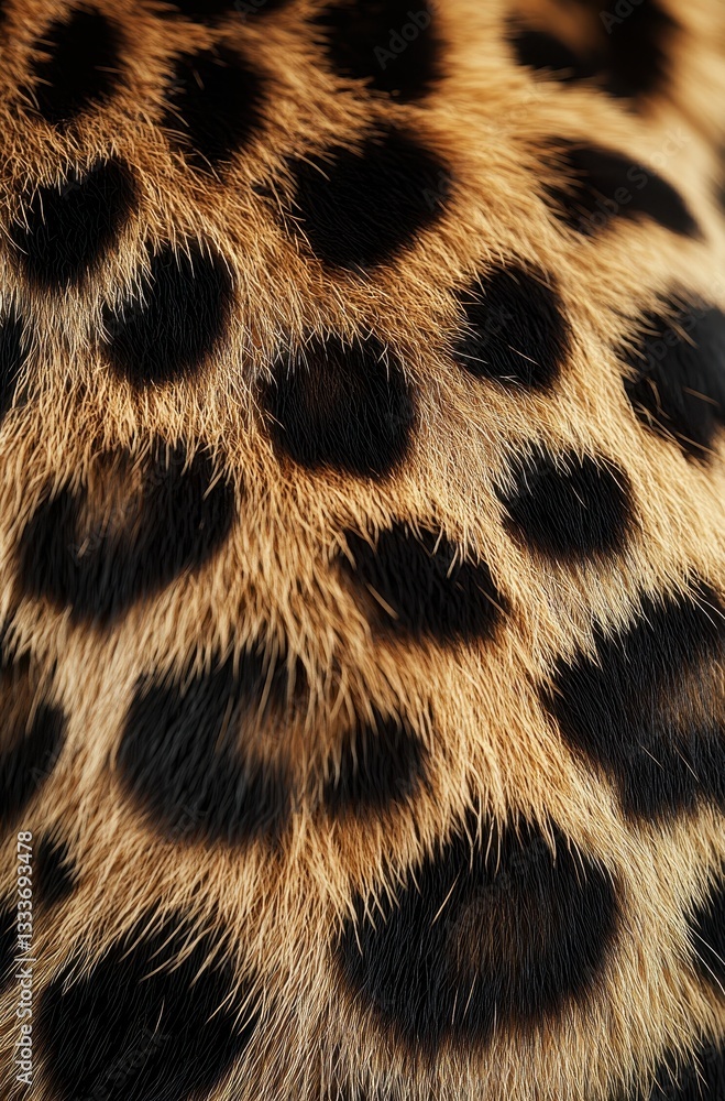Poster close-up of leopard fur showing distinctive spots and texture with rich brown and beige tones in a n