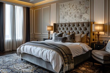 Luxury Bedroom Design: Elegant Upholstered Bed, Plush Throw, and Decorative Pillows in a Sumptuous Setting,  Showcasing Exquisite Interior Design Details with Rich Textures and Warm Lighting.