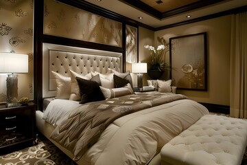 Luxurious Beige and Brown Bedroom Design: Elegant Upholstered Bed with Tufted Headboard and Matching Ottoman, Featuring Exquisite Wall Decor and Soft Lighting Creates a Serene and Sophisticated Ambian