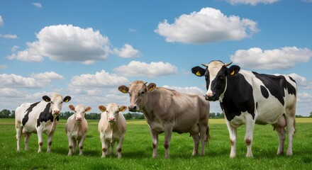 Dairy cows grazing on green pasture under blue sky with white clouds. Sustainable agriculture, livestock farming, and animal husbandry concept. Rural landscape view