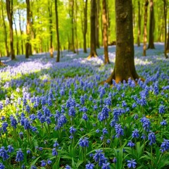 A carpet of bluebells covering the forest floor in soft hues, forest, bluebells