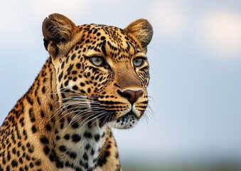 Fototapeta premium Close-Up of Majestic Leopard with Distinctive Spots in Natural Habitat, Showcasing Intense Gaze and High-Quality Details in Wildlife Photography