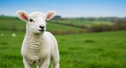 Obraz premium Cute white lamb on green pasture with rolling hills in background. Spring farm scene. Animal husbandry and wool industry concept. Rural landscape for agriculture poster