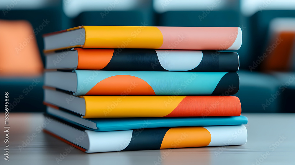 Aufkleber stack of colorful notebooks with geometric patterns on a table