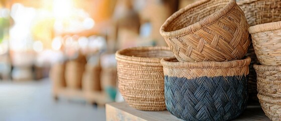 Obraz premium A collection of woven baskets stacked together, showcasing various textures and natural colors in a warm, inviting setting.