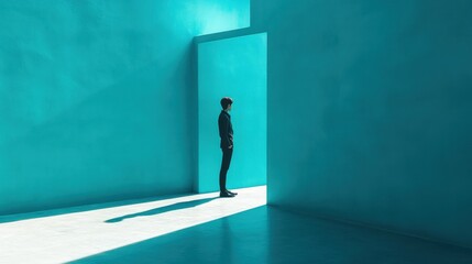 Obraz premium A Man Contemplating at the Threshold of a Turquoise Doorway: A Modern Minimalist Concept
