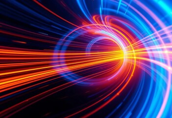 Obraz premium Swirling light streaks form a vibrant futuristic tunnel, blending cool blues to warm oranges, dark, light streaks