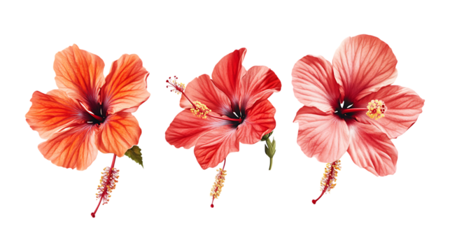 Three vibrant orange and red hibiscus flowers are delicately rendered in watercolor style, isolated on a clean transparent background for design. - Powered by Adobe