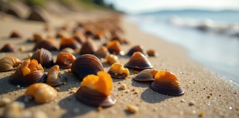 Fototapeta premium Brown Quagga Mussel shells scattered on sandy shore, invasive species, conservation