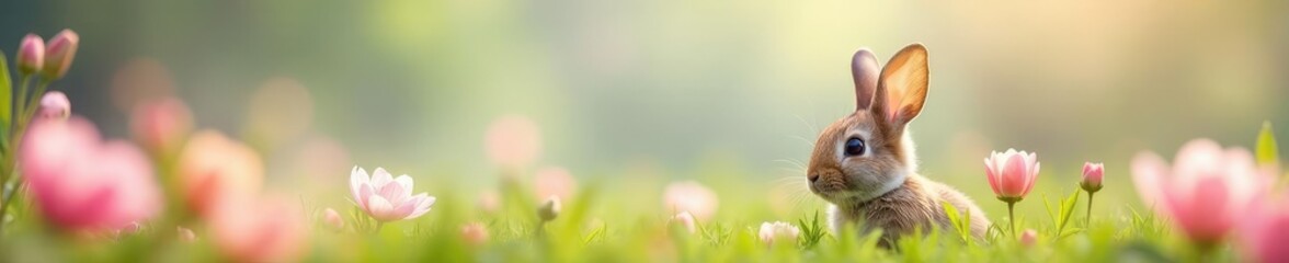Fototapeta premium Bunny peeking out from behind a flower with a pink ribbon in the foreground, easter, cute