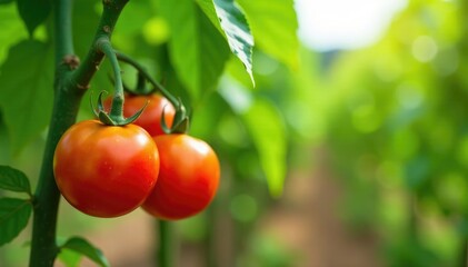 Bunch of green vines with ripe natural farm tomatoes hanging from them, landscape, field, growing