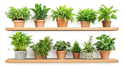 Fototapeta premium Wooden shelves display various houseplants in pots, isolated on a white background.