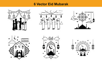 Eid Mubarak typography, Eid mubarak islamic greetings,Classic Eid Mubarak design in black and white featuring a mosque silhouette, crescent moon, stars,