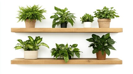Fototapeta premium Wooden shelves display various houseplants in pots, isolated on a white background.