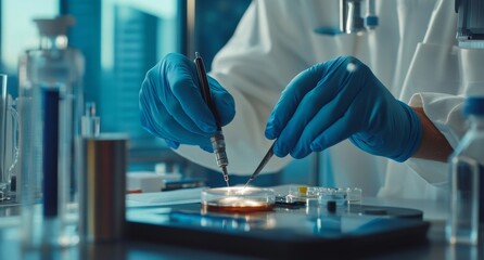 Scientist in lab coat works with micro components, city view background