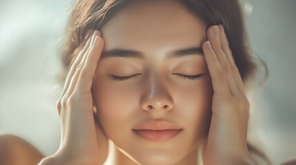 Fototapeta premium A woman with closed eyes touches her temples gently