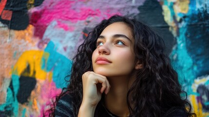 Young woman in deep thought, set against a vibrant background featuring creative artistic strokes, blending introspection with abstract artistry.