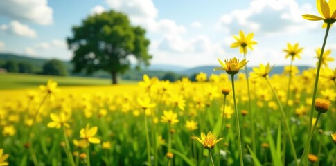 Fototapeta premium Field of yellow flowers with tree in background, Leuzea satzyperovii, Rhaponticum uniflorum, yellow