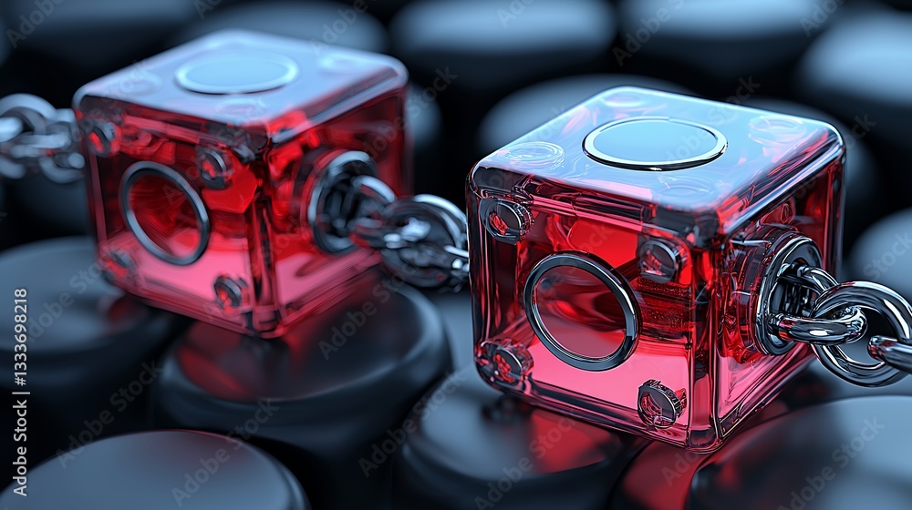 Poster translucent red cubes linked by chain on dark stones