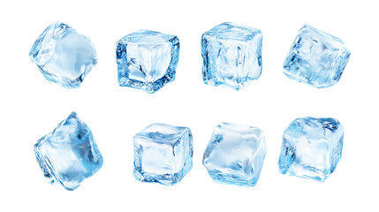 Obraz premium Eight transparent blue ice cubes are scattered randomly, offering cooling refreshment imagery for beverage promotion isolated on a transparent