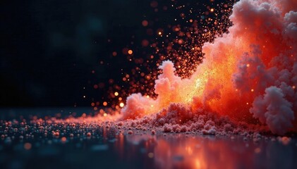 Filling the air with an ephemeral dust particle explosion on dark surfaces, sparkling, particle explosion