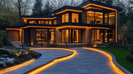 Obraz premium Luxurious contemporary houses with sleek design showcase warm LED lights outlining the driveway, enhancing evening beauty with vibrant illumination.