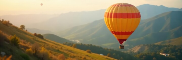 Naklejka premium Light orange and yellow striped hot air balloon floats gently above a soft focus landscape, serene, balloons