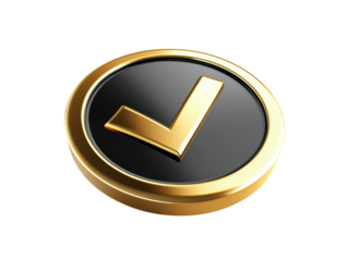 Isolated Glossy Golden Check Mark on Black Round Badge