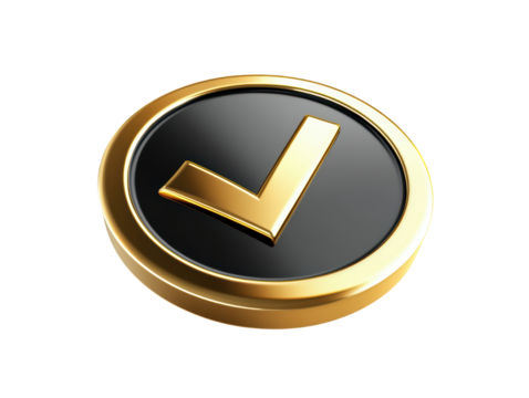 Isolated Glossy Golden Check Mark on Black Round Badge