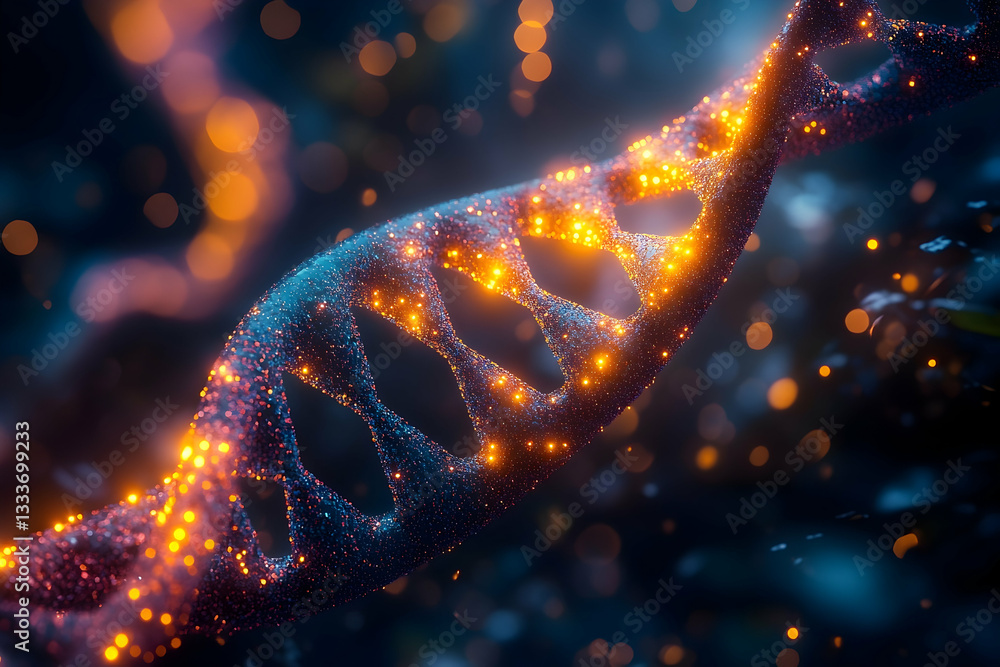 Poster abstract sparkling dna strand depiction with bokeh effect background