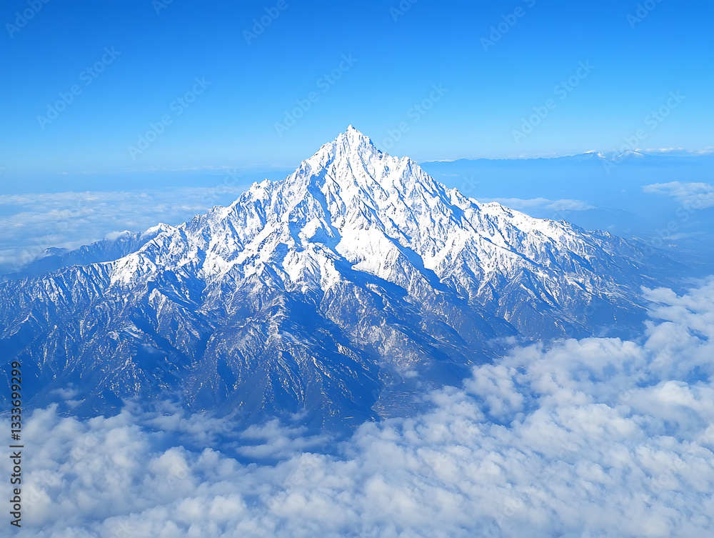 Poster a breathtaking aerial view of a snow-capped mountain peak piercing through a sea of clouds under a c