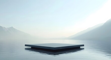 Floating Platform on Calm Lake Mist Shrouded Mountains
