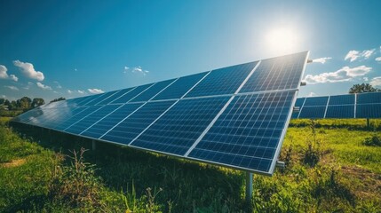 Panel farm power plant utilizing eco-technology to harness solar energy under a bright sky