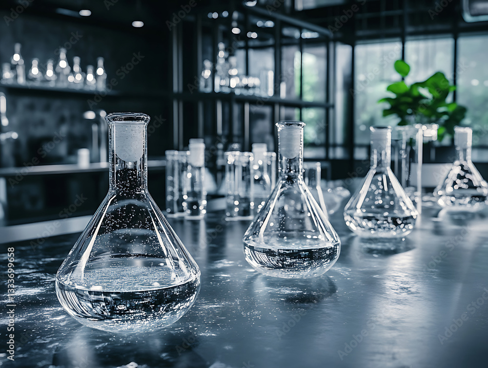 Poster a close-up view of laboratory glassware filled with clear liquid, set against a backdrop of modern s
