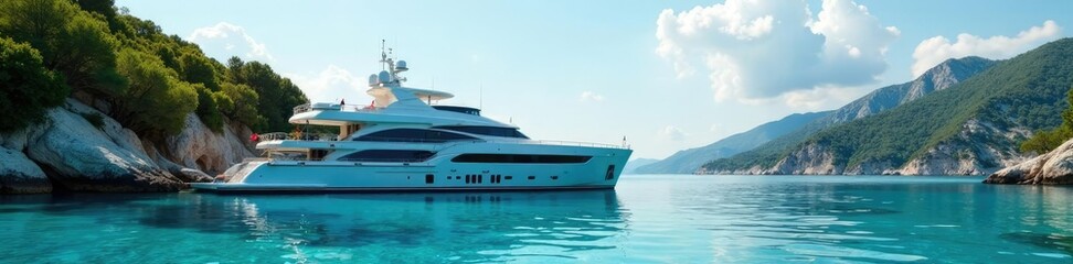 Fototapeta premium Luxury yacht anchored in a secluded Mediterranean lagoon, sailboat, boat, vessel