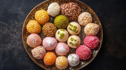 A beautiful plate showcases an array of rahat lukum, featuring vibrant colors and diverse flavors. This delightful confectionery captures attention from a top view.