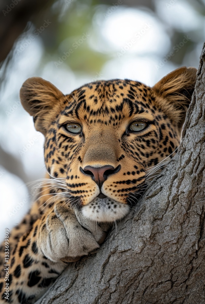Poster close-up portrait of a leopard resting on a tree branch in nature with soft blurred background and b
