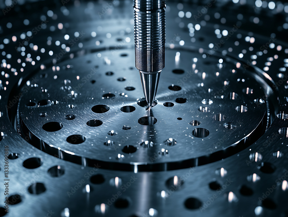 Poster a close-up view of a metallic surface with various holes, showcasing intricate details and precision