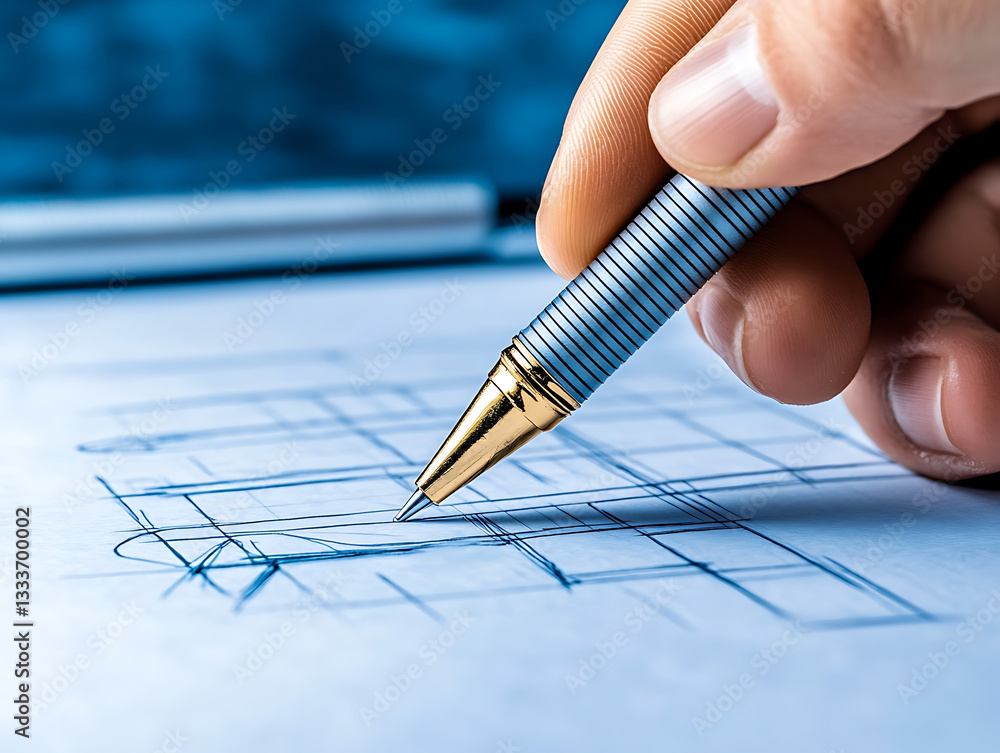 Poster a hand holds a pen above a blueprint, emphasizing creativity and design in drafting or engineering