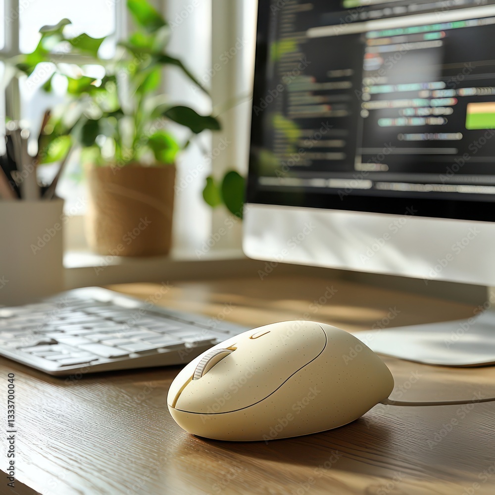 Poster jicama root-inspired ergonomic computer mouse mockup on a neat desk.