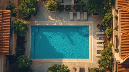 Luxurious aerial view of a serene empty swimming pool oasis with lush greenery and lounge chairs under soft sunlight